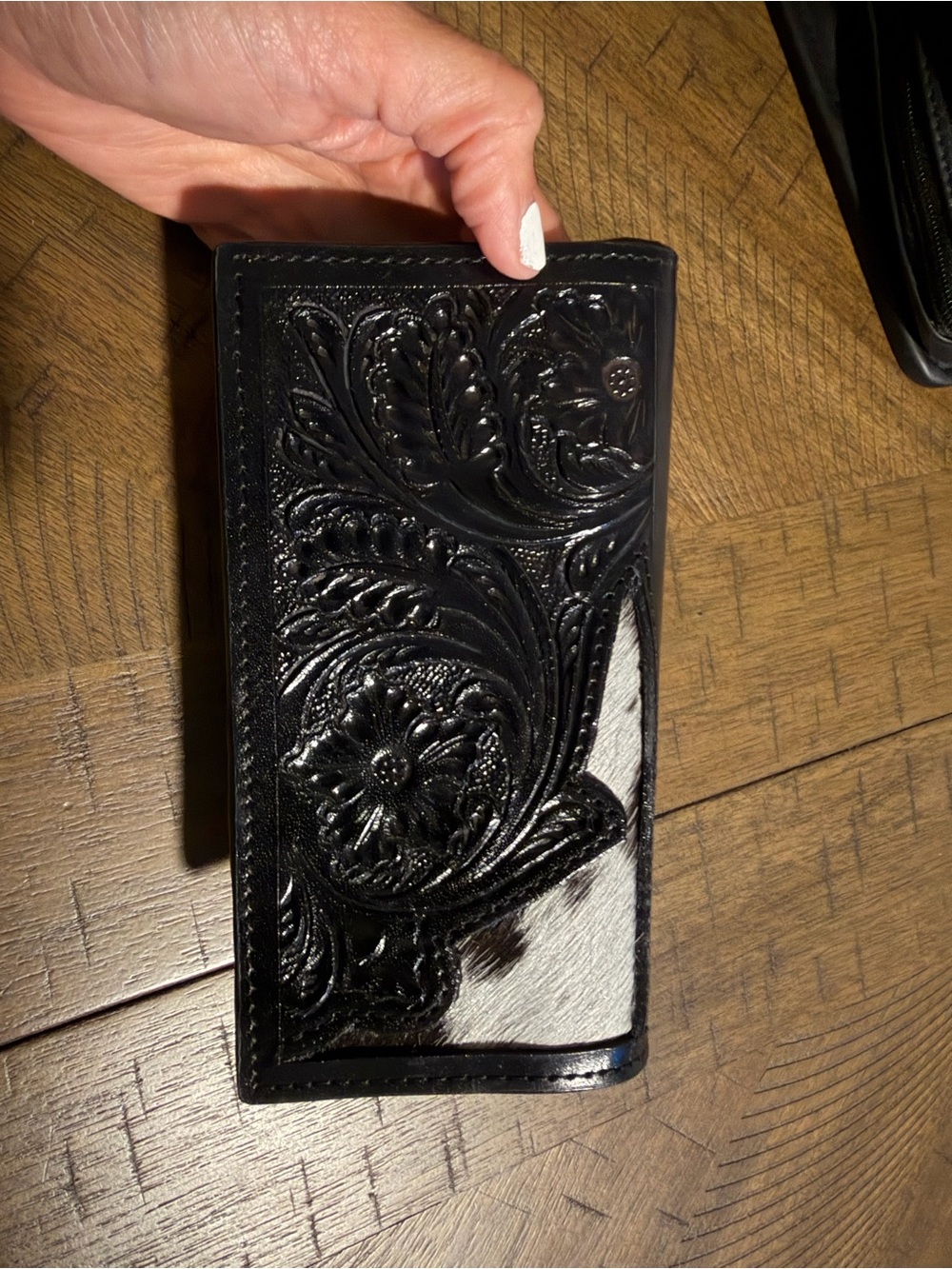 Myra Bag Black Tooled Leather Key & Card Holder with White Hair-On Accent